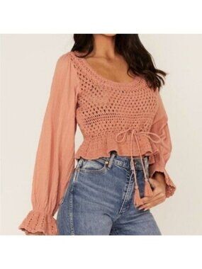 Free People Crochet Boho Top Neutral Coquette Puff Sleeve Feminine Festival